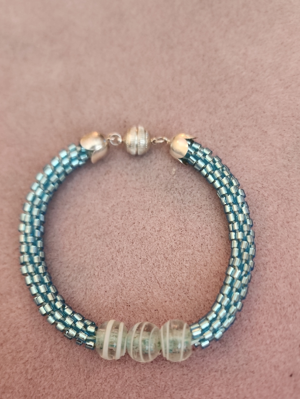Kumihimo Teal Blue Bracelet with Unique Bead And Silver Magnetic Clasp Handmade